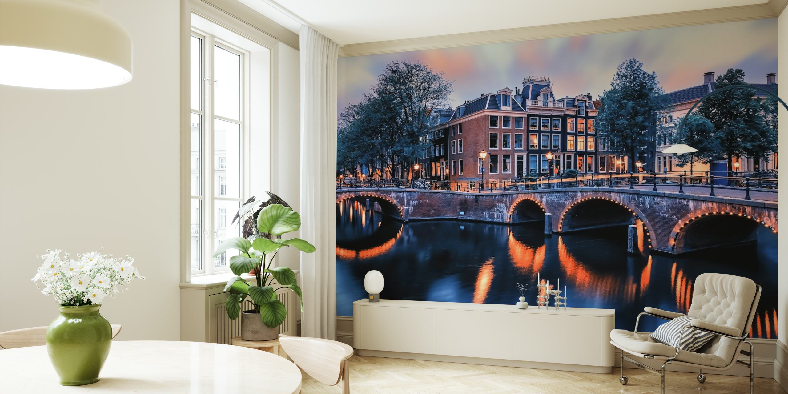 Fotomurale sulle case sui canali e sul ponte di Amsterdam al tramonto